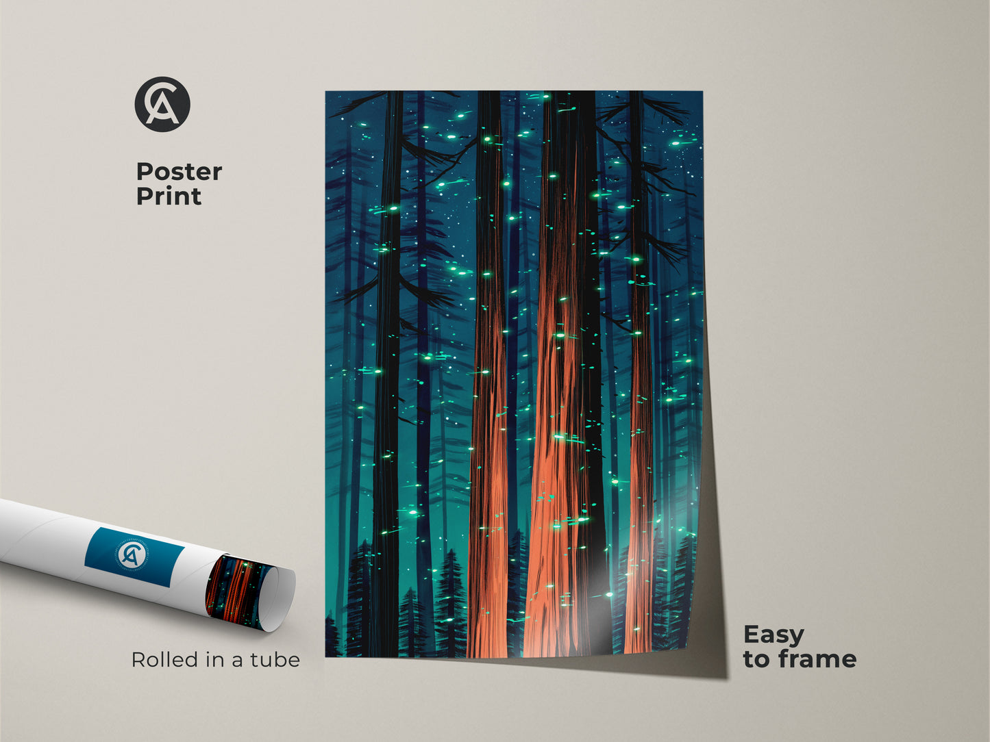 Poster print of fantasy forest scene. Tall trees in deep teal glow with coral orange illumination. Rolled in a tube ensures safe delivery. This artwork is easy to frame nature inspired wall decor.