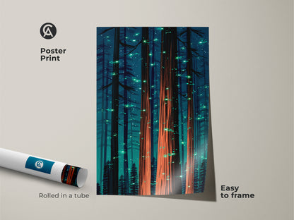 Poster print of fantasy forest scene. Tall trees in deep teal glow with coral orange illumination. Rolled in a tube ensures safe delivery. This artwork is easy to frame nature inspired wall decor.