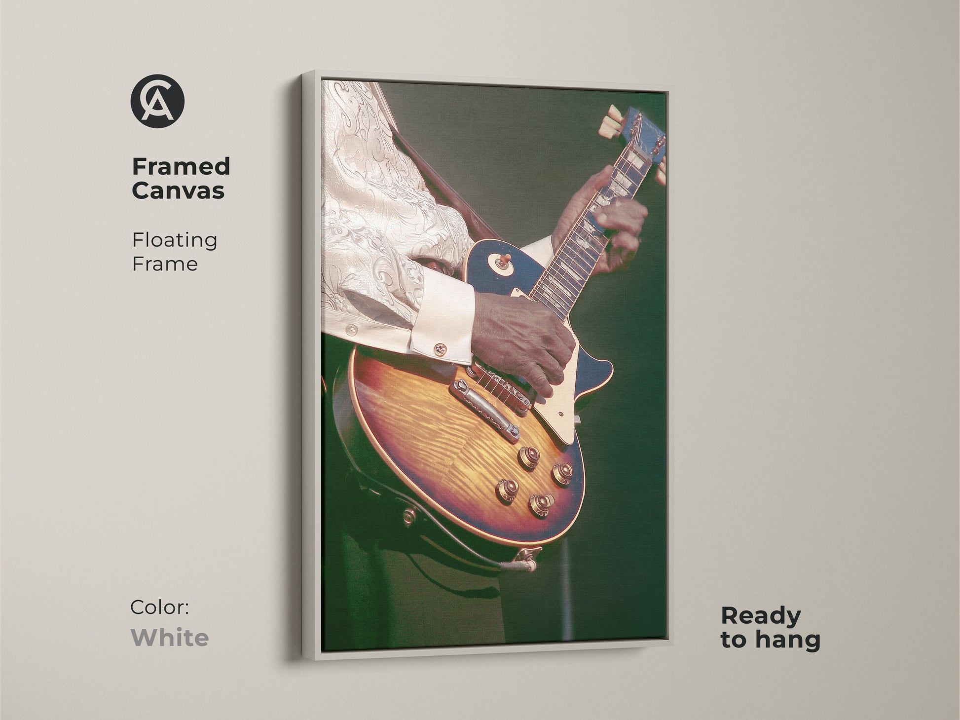 Framed canvas art of a vintage guitarist with a white floating frame. The retro amber and dark green shades add to the electric guitar art. An eclectic home decor gift for guitar players. This vintage music poster is stylish.