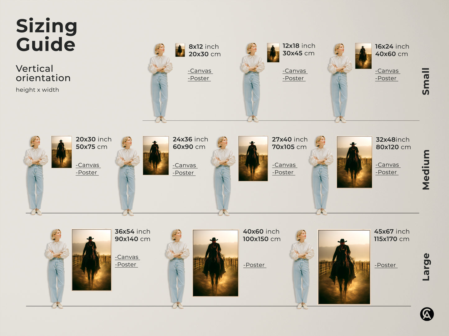 Sizing Guide for Cowboy on Horseback Canvas and Poster Prints. Vertical orientation with various height and width. Small medium and large sizes. Find the ideal fit for your study room rustic living room or as a thoughtful Father's Day gift.