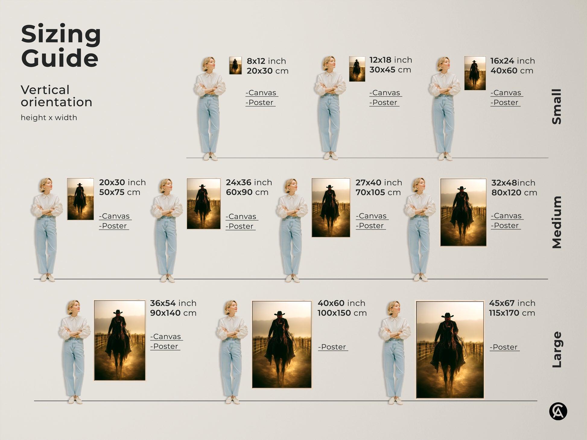 Sizing Guide for Cowboy on Horseback Canvas and Poster Prints. Vertical orientation with various height and width. Small medium and large sizes. Find the ideal fit for your study room rustic living room or as a thoughtful Father's Day gift.