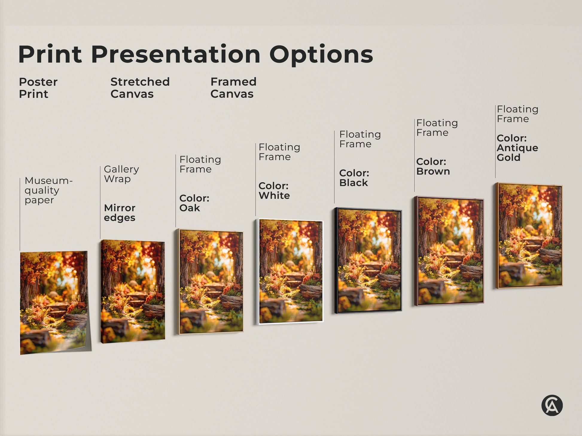 Explore print presentation options for forest path artwork. Choose from poster prints stretched canvas or framed canvas. Customize your wall art with various frame colors. Find the perfect style for your home.