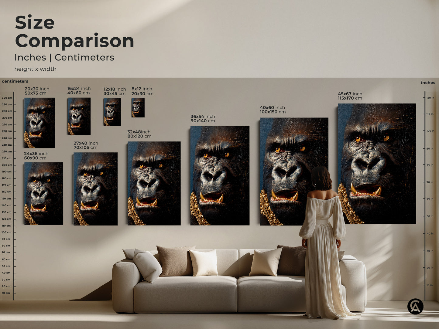 Size comparison of gorilla artwork in inches and centimeters. See how the art complements your living room. The regal gorilla is displayed in various sizes. Find the ideal fit for your space. Explore canvas and poster prints today.