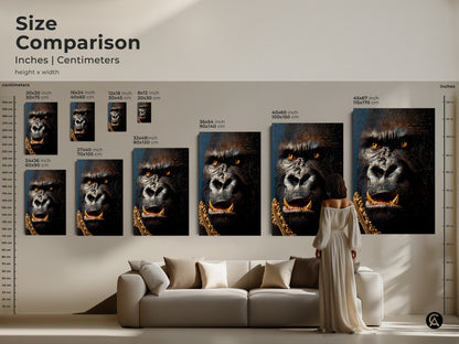 Size comparison of gorilla artwork in inches and centimeters. See how the art complements your living room. The regal gorilla is displayed in various sizes. Find the ideal fit for your space. Explore canvas and poster prints today.