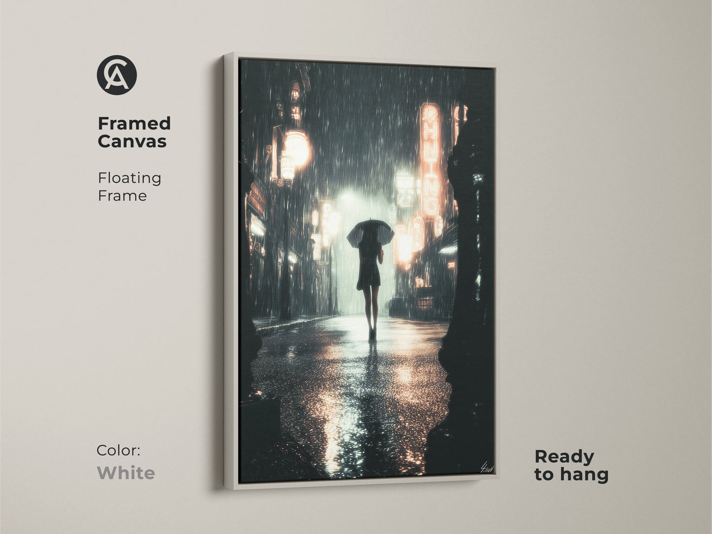 Framed canvas displaying a cinematic rainy street. It shows a woman with an umbrella. The white floating frame accentuates the artistic street scene print. Perfect as a high-quality art print for an urban apartment.