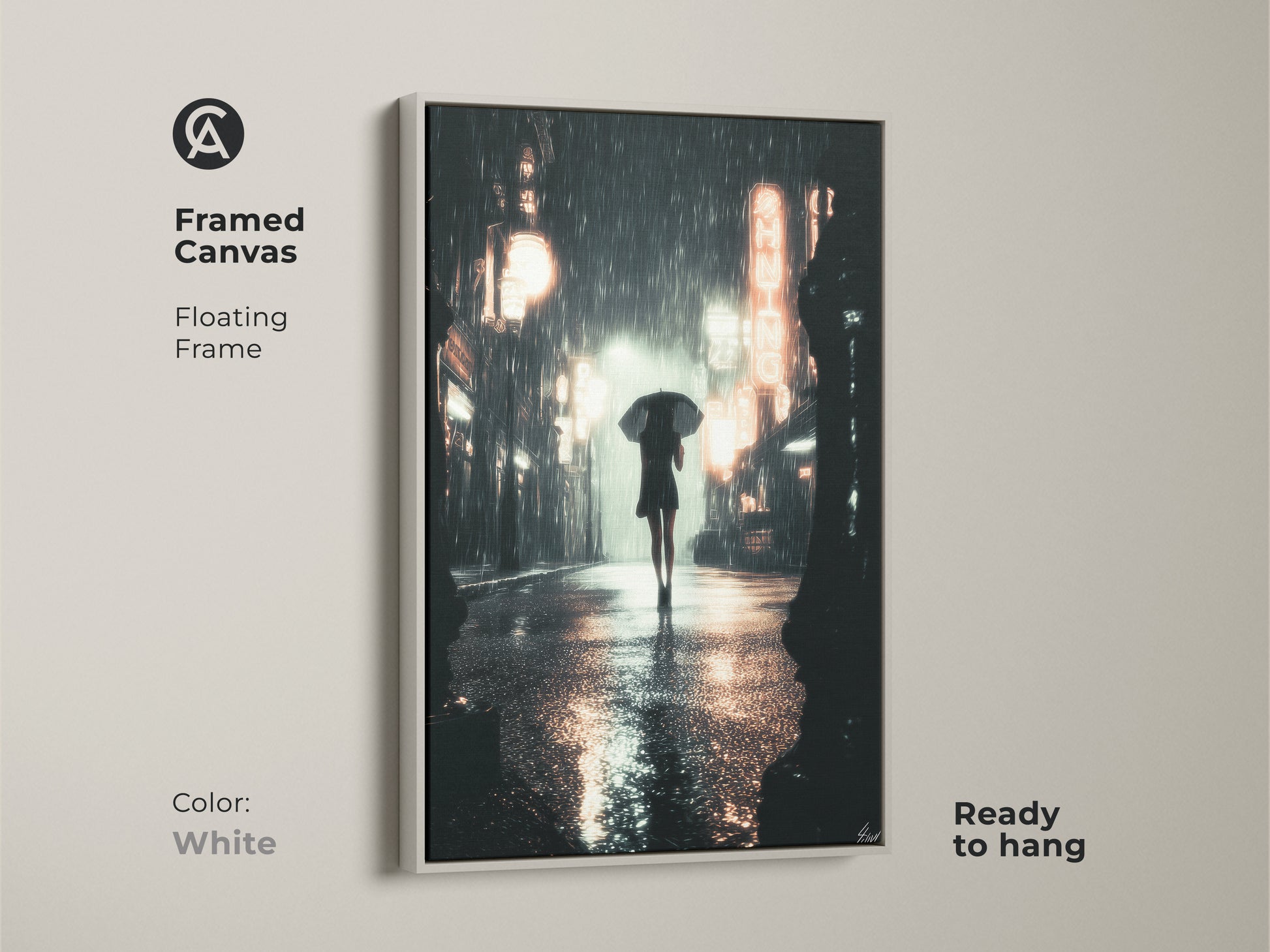 Framed canvas displaying a cinematic rainy street. It shows a woman with an umbrella. The white floating frame accentuates the artistic street scene print. Perfect as a high-quality art print for an urban apartment.
