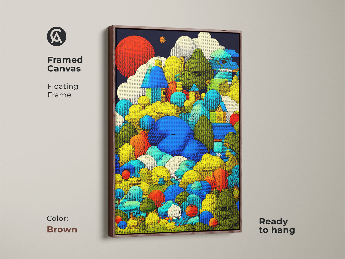 Framed canvas featuring colorful whimsical houses art. The antique gold floating frame complements the nature artwork. It's ready to hang. The abstract landscape print will enhance your eclectic decor.