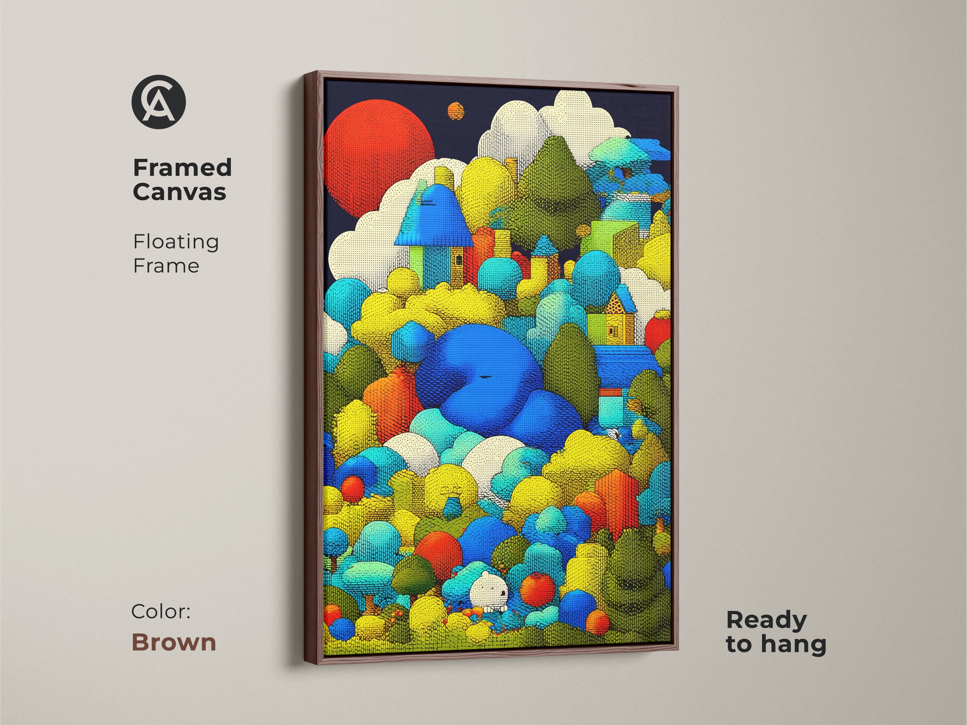 Framed canvas featuring colorful whimsical houses art. The antique gold floating frame complements the nature artwork. It's ready to hang. The abstract landscape print will enhance your eclectic decor.