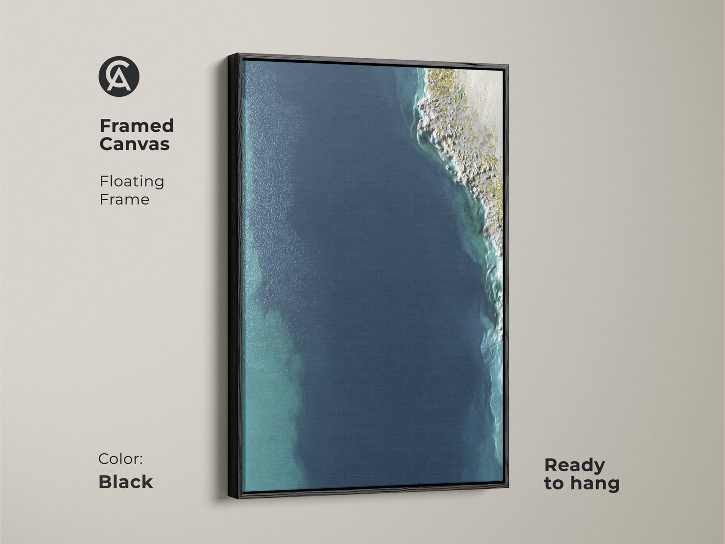 Black Framed Canvas of Abstract Seascape. Floating frame enhances the deep blue shoreline. Ready to hang coastal minimalist wall art is perfect modern bedroom wall art. Add calm blue wall art to your living space.