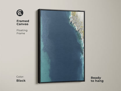 Black Framed Canvas of Abstract Seascape. Floating frame enhances the deep blue shoreline. Ready to hang coastal minimalist wall art is perfect modern bedroom wall art. Add calm blue wall art to your living space.