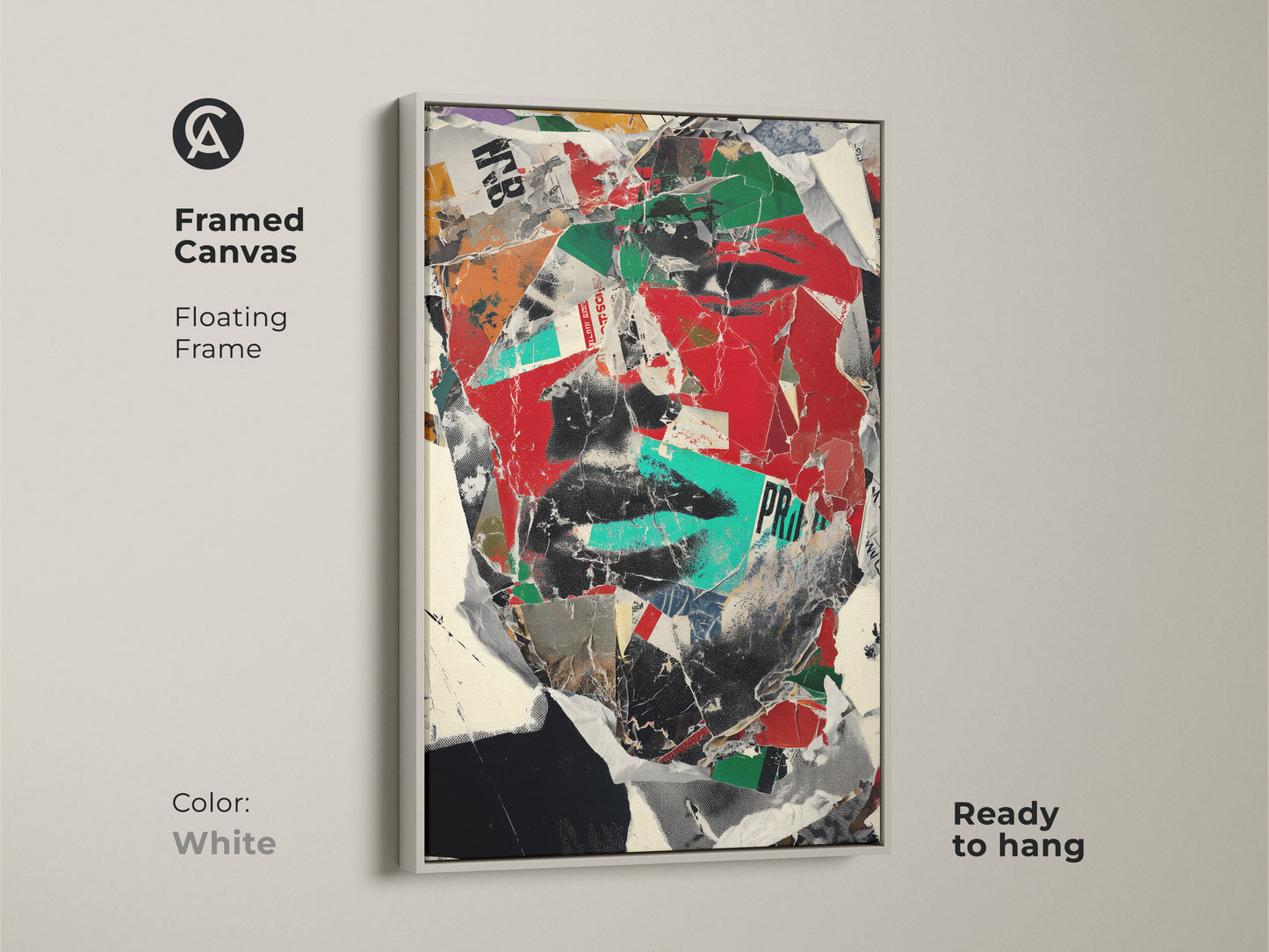 Framed canvas of an abstract face portrait in a white floating frame. The red black and green collage creates an eclectic aesthetic. Ready to hang this modern typography wall decor suits any office or home.