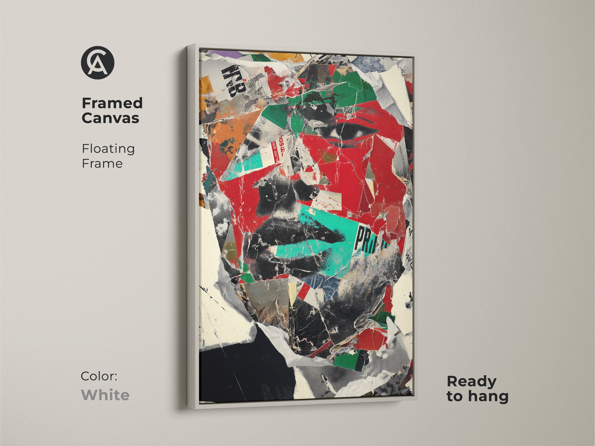 Framed canvas of an abstract face portrait in a white floating frame. The red black and green collage creates an eclectic aesthetic. Ready to hang this modern typography wall decor suits any office or home.