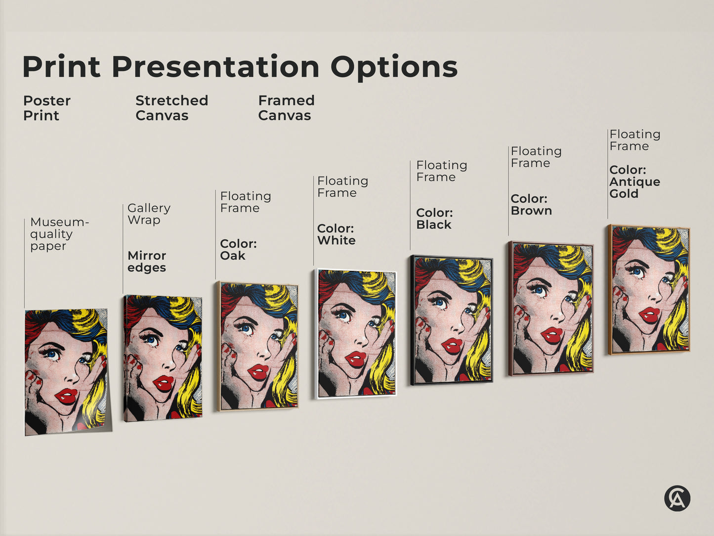Explore print presentation options for Pop Art Woman. Choose from poster prints stretched canvas and framed canvas. Each option highlights the iconic artwork with bold colors. Find the perfect presentation to suit your style and space needs