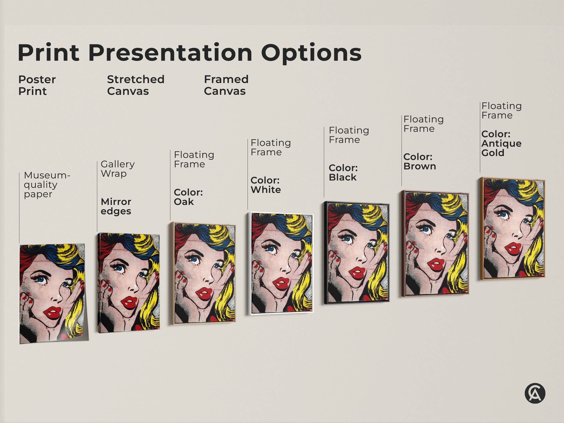 Explore print presentation options for Pop Art Woman. Choose from poster prints stretched canvas and framed canvas. Each option highlights the iconic artwork with bold colors. Find the perfect presentation to suit your style and space needs