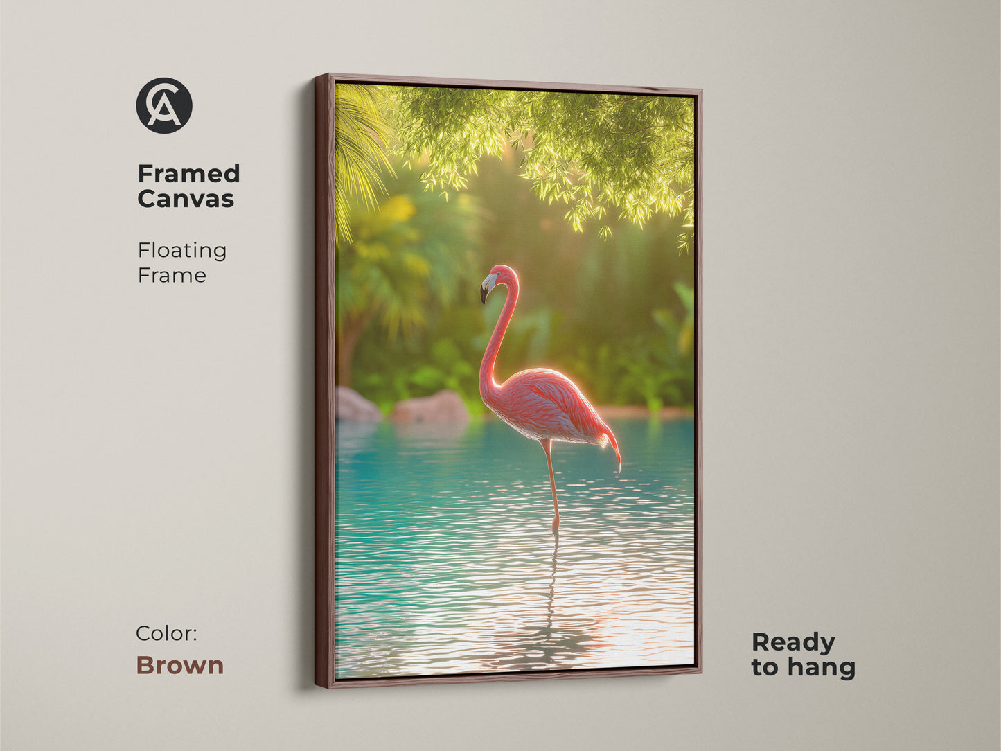 Framed canvas with a pink flamingo standing in turquoise water. The brown floating frame enhances the artwork's warm tones. Ready to hang and enjoy. This exotic bird nature art piece adds beauty to any space. Perfect for animal lovers.