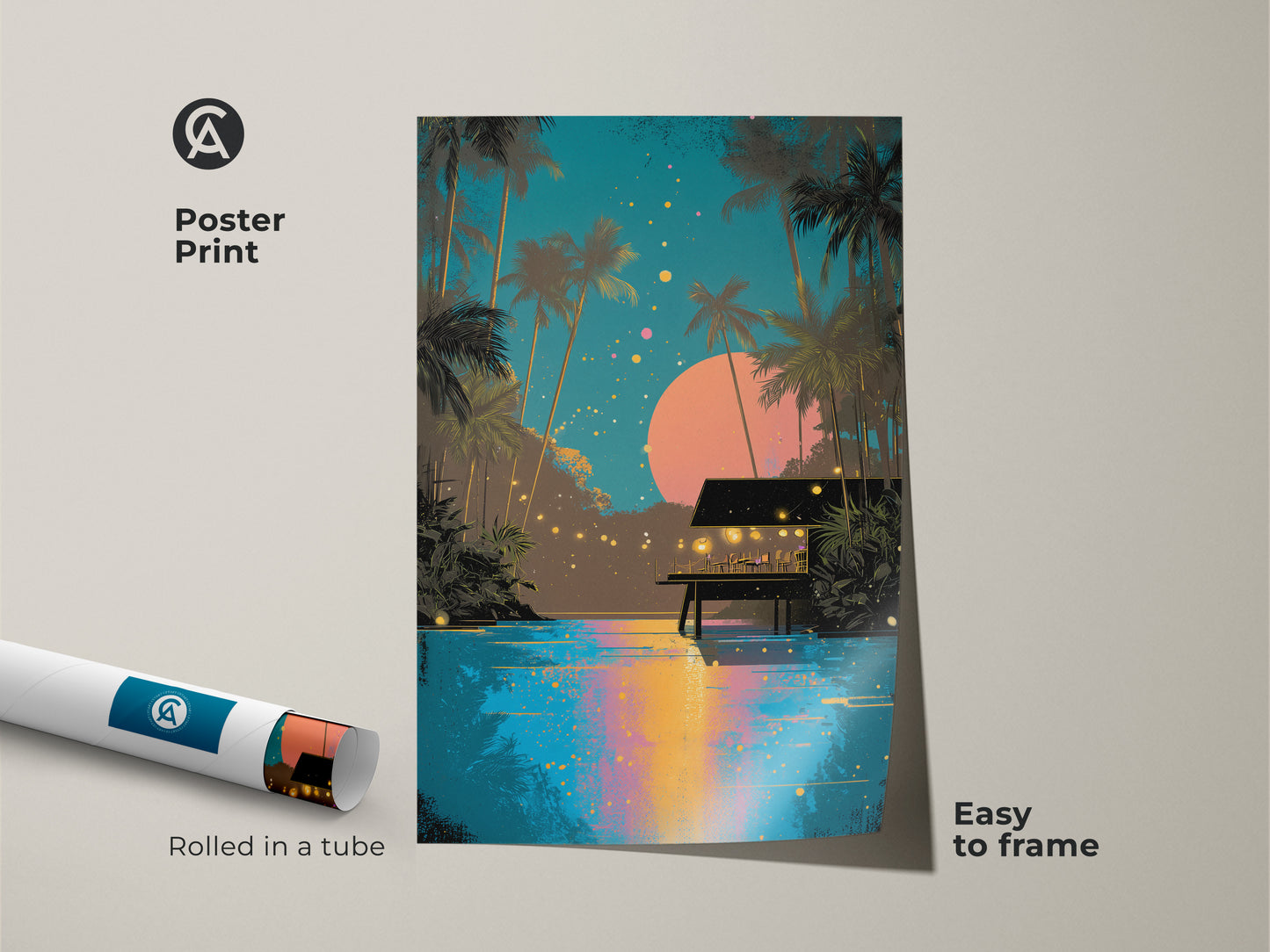 Poster print of a retro tropical night scene with palm trees and a beach hut rolled in a tube. Easy to frame this boho coastal art adds a touch of island paradise to any space. The teal and pink colors create a relaxing atmosphere.
