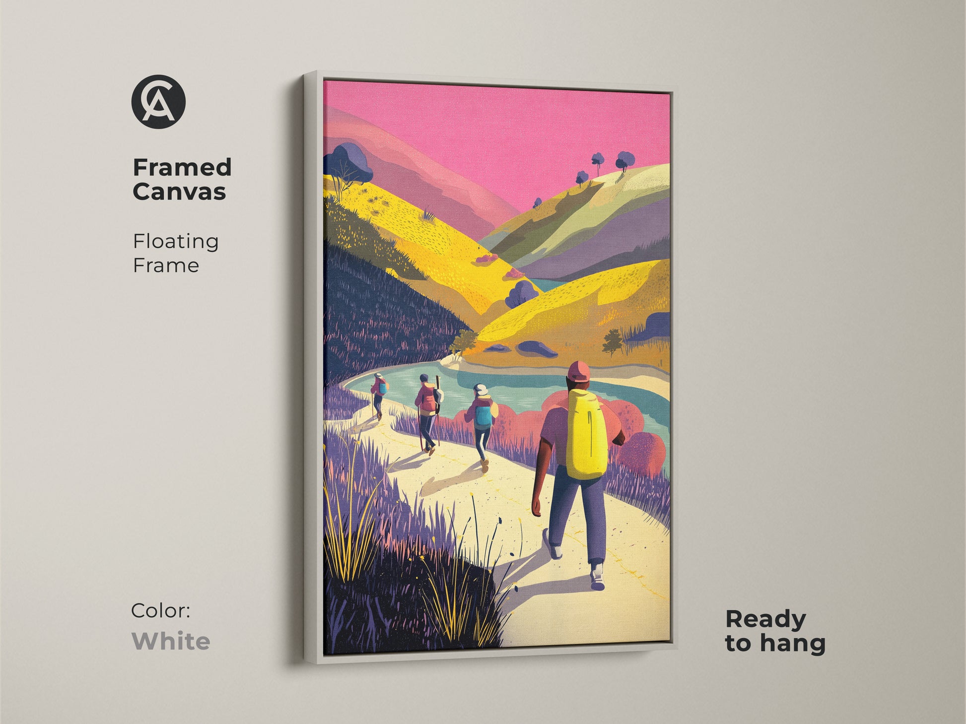 Framed canvas of hikers in a mountain landscape with a white floating frame. This adventure travel print is ready to hang. The pink yellow and green artwork adds a touch of nature to any room. Perfect contemporary landscape for living room bedroom or home office. Ideal gift for hikers and outdoor lovers.