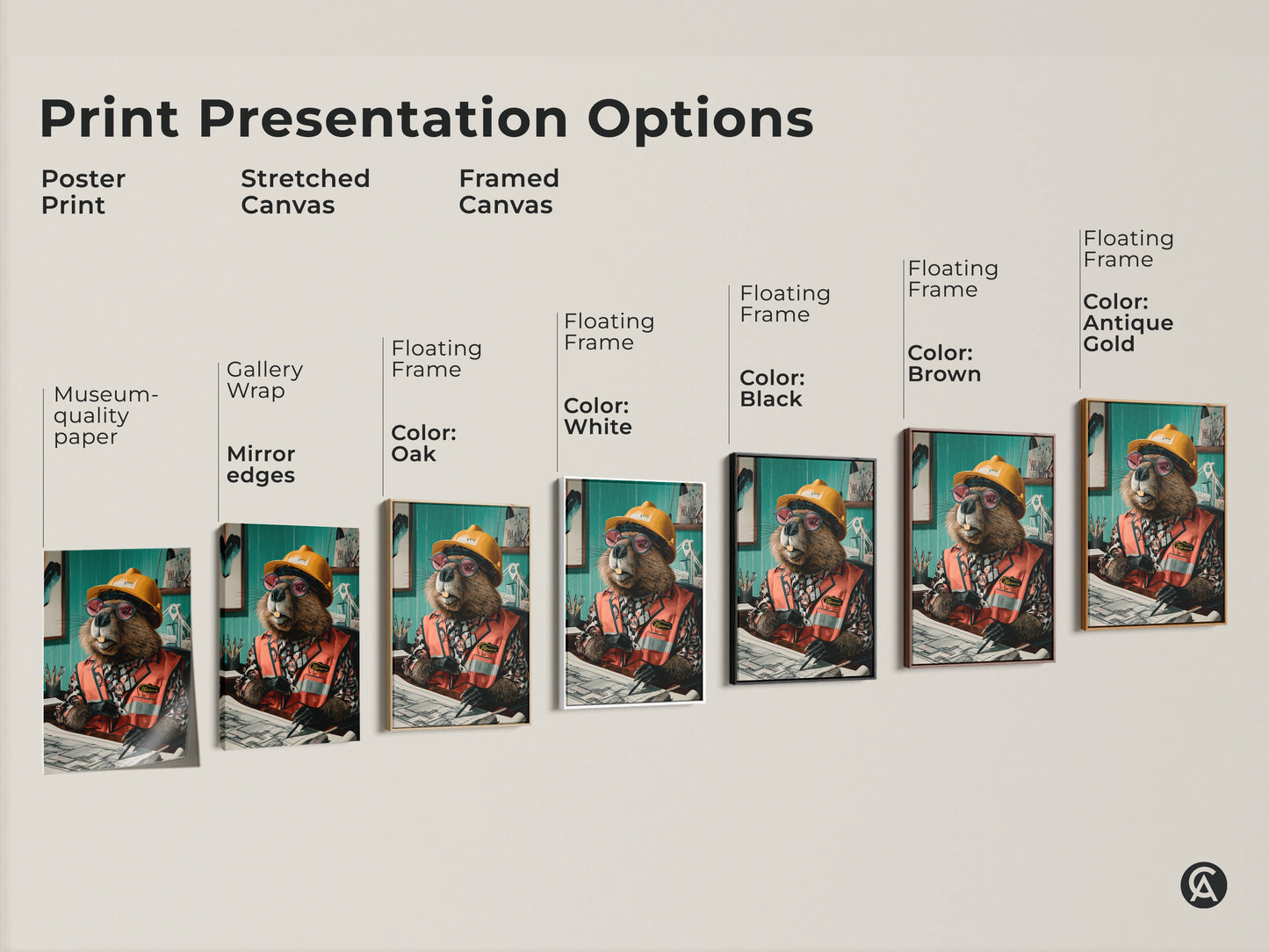 Print presentation options. Poster art print on museum-quality paper. Stretched canvas art with gallery wrap and mirror edges. Framed canvas with floating frames in black brown oak white and antique gold color options.