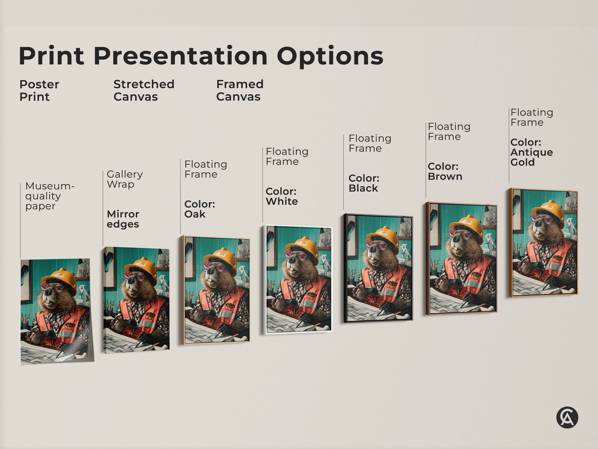 Print presentation options. Poster art print on museum-quality paper. Stretched canvas art with gallery wrap and mirror edges. Framed canvas with floating frames in black brown oak white and antique gold color options.