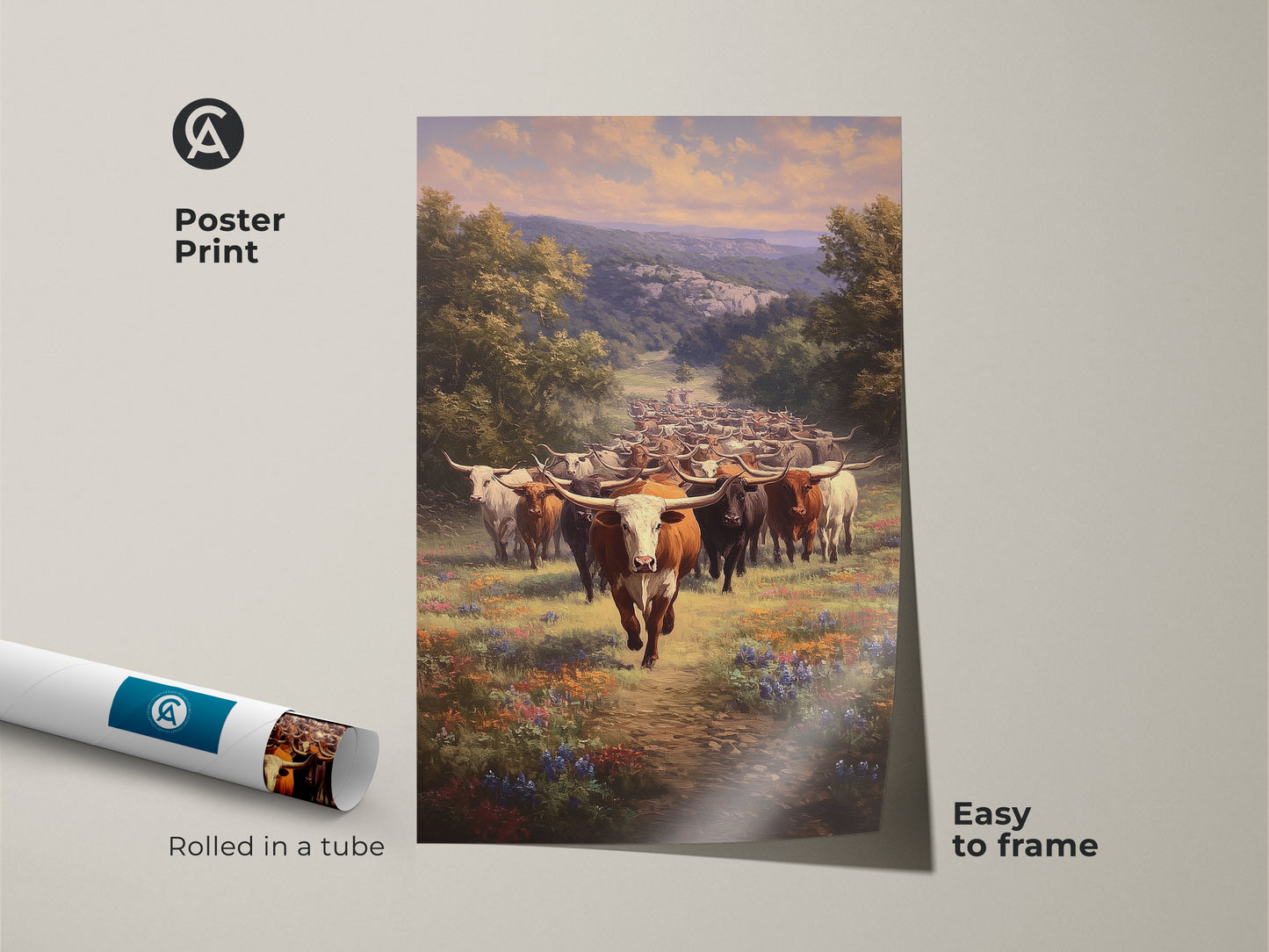 Poster print of longhorn cattle in a wildflower field. This western landscape artwork is easy to frame. Perfect for farmhouse decor. Rolled in a tube for protection. It is a realistic animal painting.