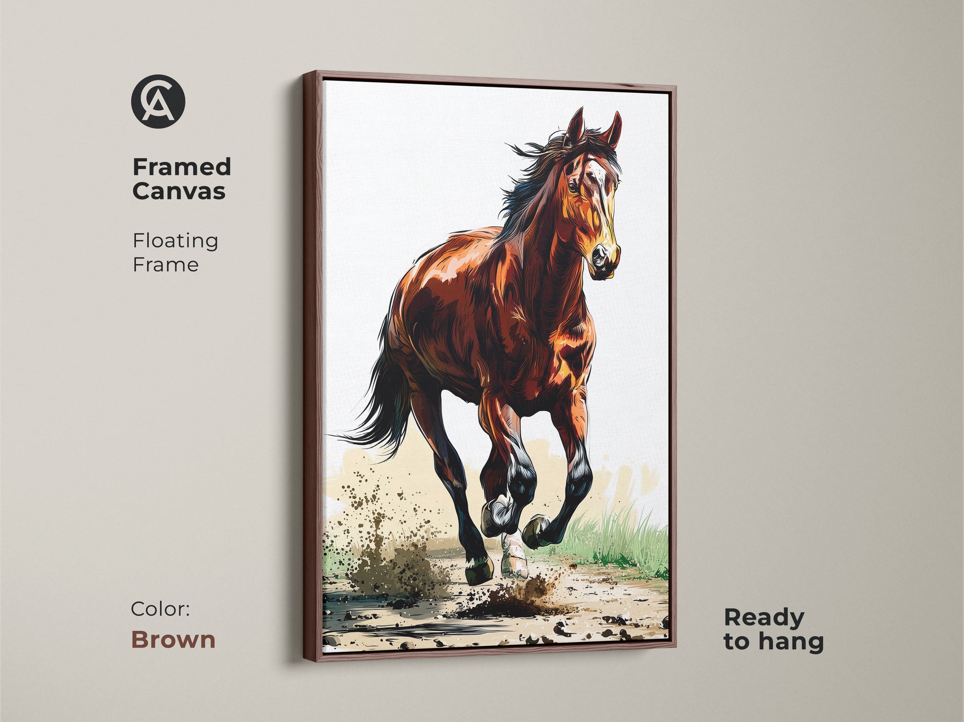 Framed canvas showcasing a galloping horse in brown. This sienna brown horse art brings rustic equestrian beauty. The animal action artwork is ready to hang. Ideal bedroom decor for horse enthusiasts. It's a captivating horse lover gift.