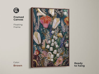 Framed Canvas of Lily of the Valley and Tulips botanical artwork. This floating frame canvas is brown and ready to hang. The deep green pink and teal art brings nature indoors. Ideal for eclectic home decor and plant enthusiasts. A unique gift option to enhance any room.