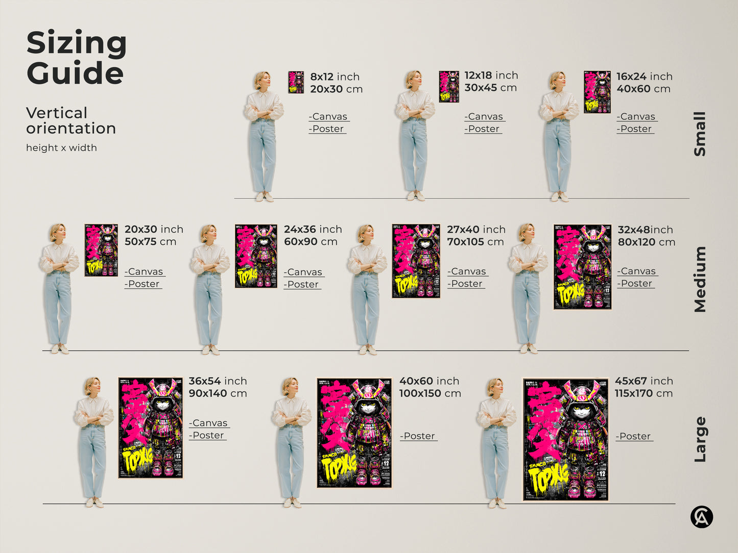 A sizing guide displays the Smaco Topix samurai artwork in various vertical sizes. From small to large canvas and poster options are shown. Find the perfect fit to showcase this edgy urban art in your space.