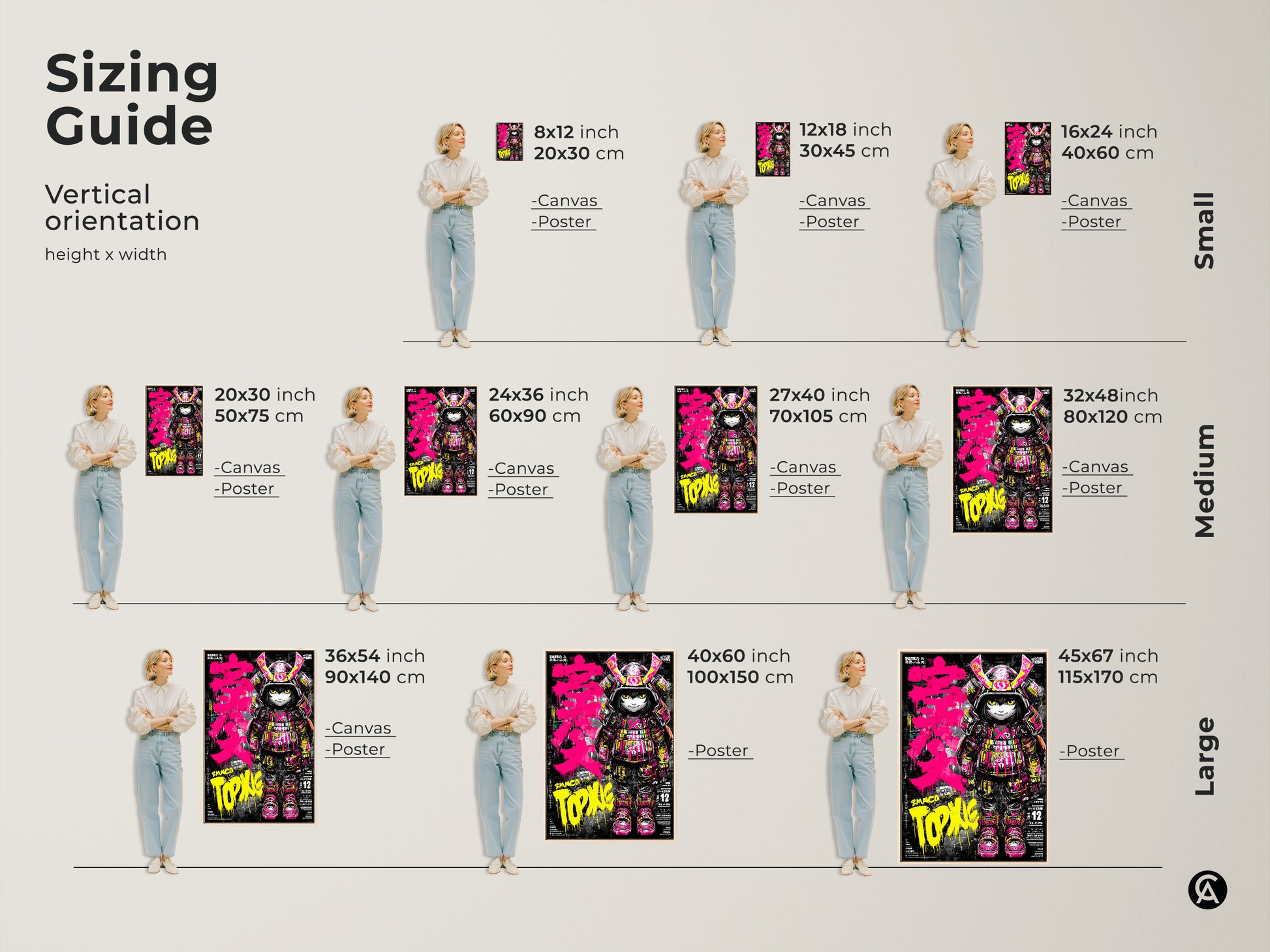 A sizing guide displays the Smaco Topix samurai artwork in various vertical sizes. From small to large canvas and poster options are shown. Find the perfect fit to showcase this edgy urban art in your space.