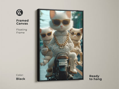 A framed canvas with a floating frame in black. The artwork shows three cool cats on a motorcycle. They are wearing sunglasses and gold chains. This ready-to-hang artwork brings a playful touch to your home decor. A unique piece for cat enthusiasts.