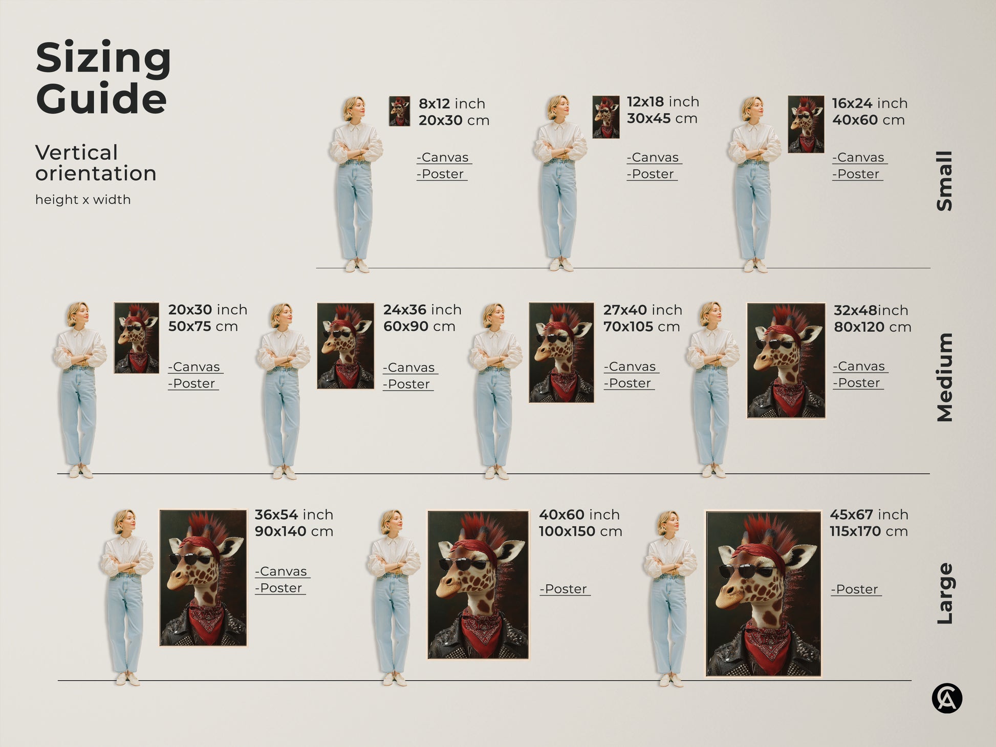 Sizing guide showcasing the vertical orientation. See the height and width options. View the punk rock giraffe art in small medium and large sizes for canvas and poster prints. Find the perfect fit.