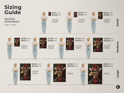 Sizing guide showcasing the vertical orientation. See the height and width options. View the punk rock giraffe art in small medium and large sizes for canvas and poster prints. Find the perfect fit.