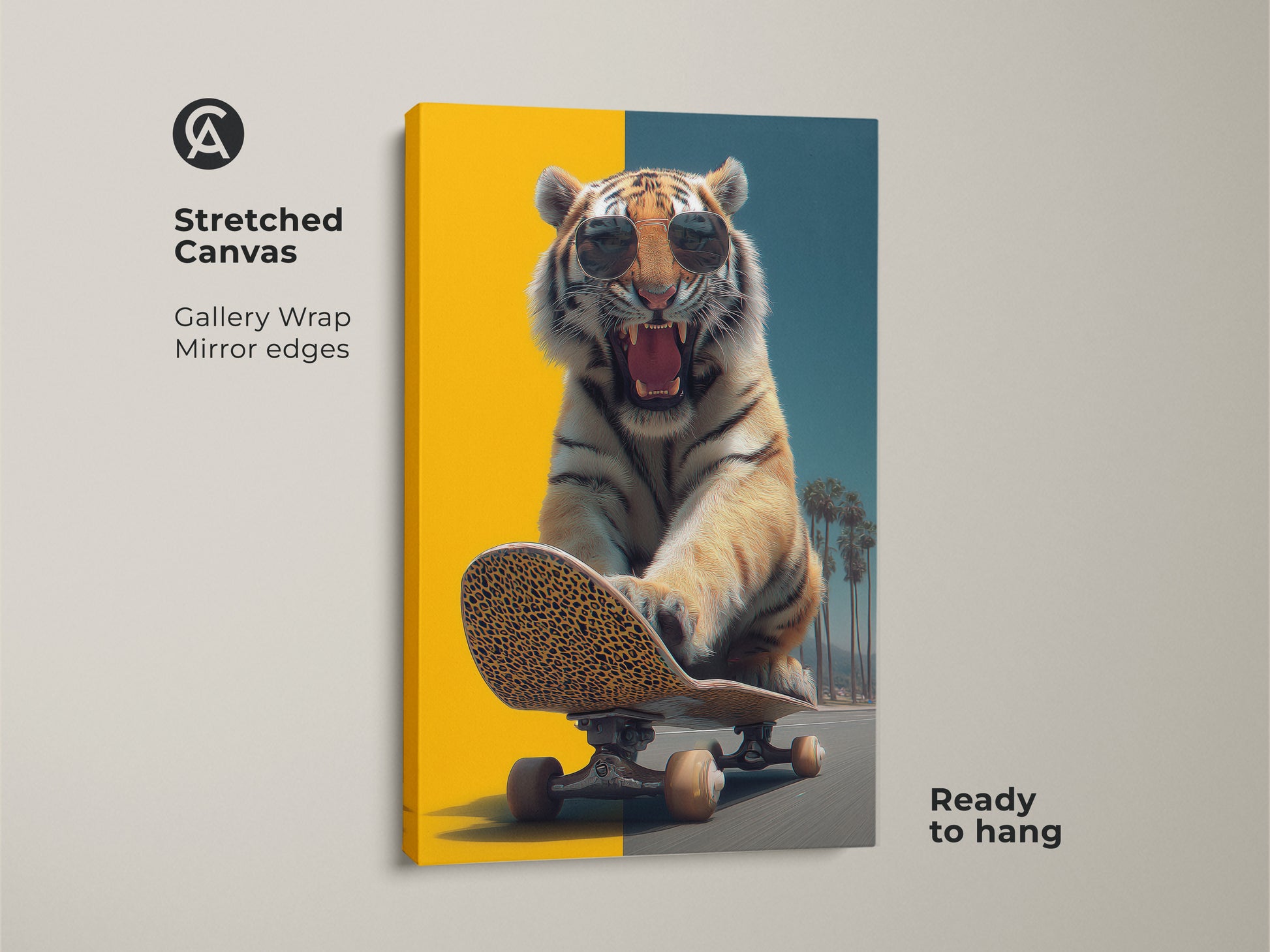 A stretched canvas print shows a tiger on a skateboard. This wildlife art has gallery wrapped edges. The pop art style uses vibrant yellow and teal colors. Ready to hang this surreal animal canvas in your space. It is ideal for an office or man cave. This unique piece will catch everyones attention.