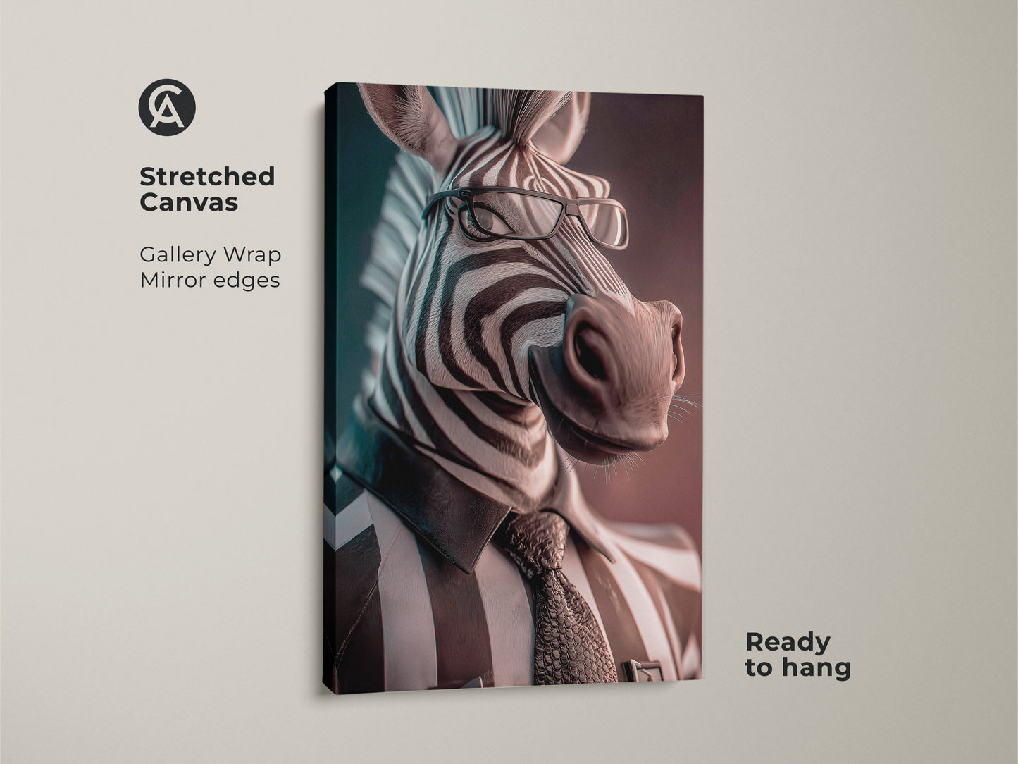 Stretched canvas of a surreal zebra portrait print. A zebra dressed as a businessman adds character to your home. The monochrome office decor is contemporary and ready to hang. This is ideal quirky animal artwork for any room.