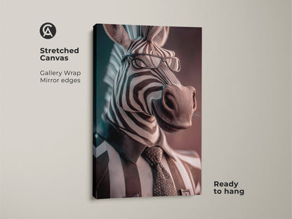 Stretched canvas of a surreal zebra portrait print. A zebra dressed as a businessman adds character to your home. The monochrome office decor is contemporary and ready to hang. This is ideal quirky animal artwork for any room.