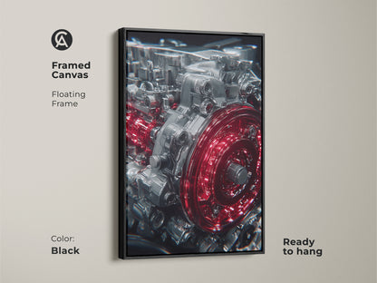 Framed canvas of an Automotive Engine with a black floating frame. This industrial art showcases red and silver gears. Ready to hang automotive wall art for garages and offices.