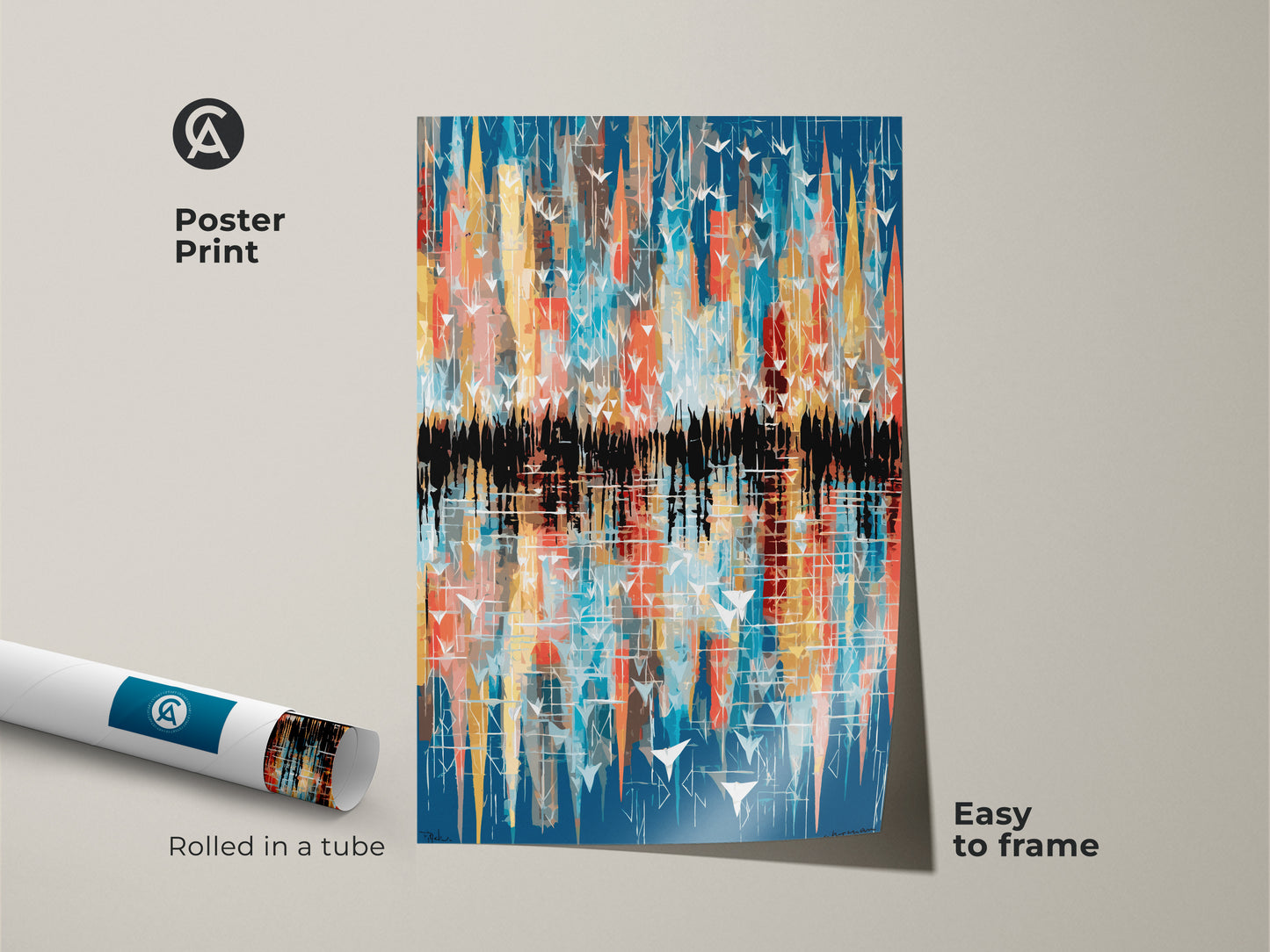 Modern abstract artwork displayed as a poster print. Teal yellow orange create a bird cityscape reflection scene. This geometric nature art arrives rolled in a tube easy to frame. The vibrant wall hanging is ideal for contemporary spaces.
