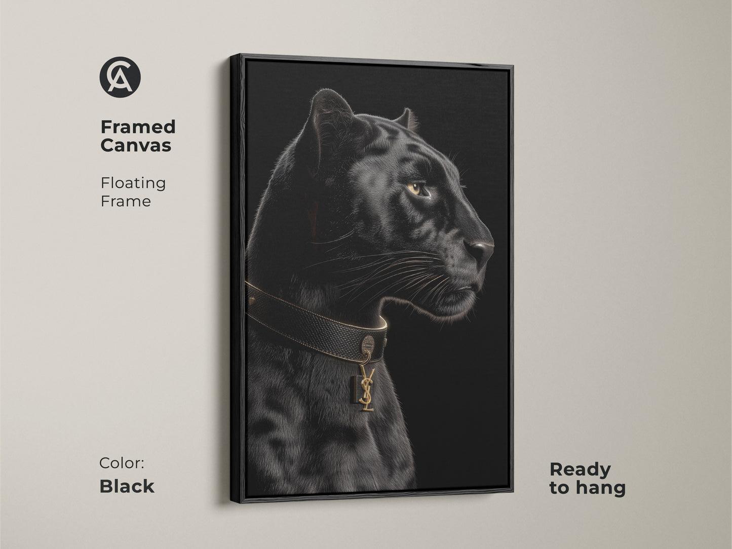 Framed canvas of a black panther. This contemporary animal art features a floating frame in black. The gold collar adds a touch of luxury. Ready to hang. Perfect for sophisticated home decor.
