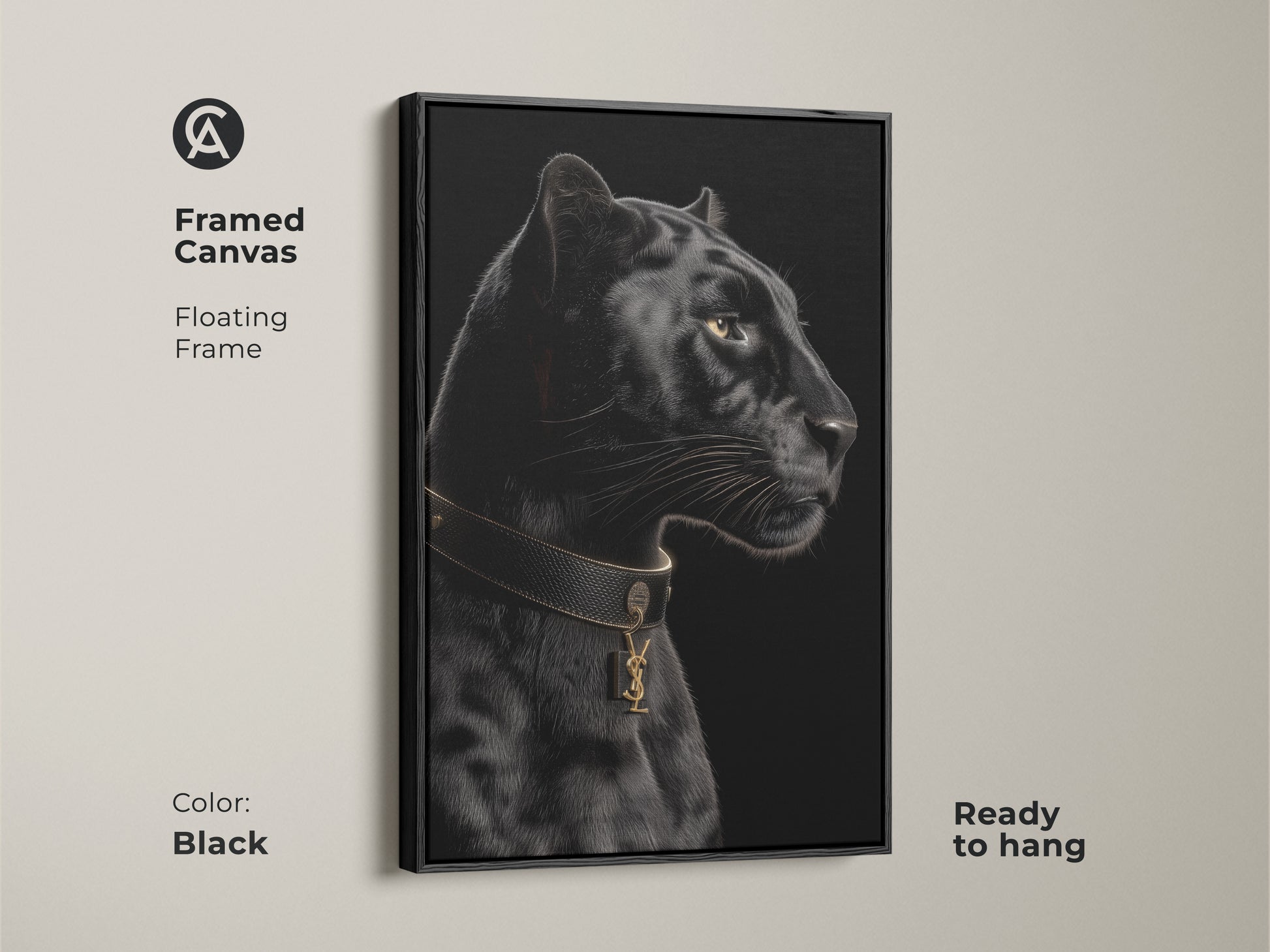 Framed canvas of a black panther. This contemporary animal art features a floating frame in black. The gold collar adds a touch of luxury. Ready to hang. Perfect for sophisticated home decor.