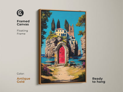 Framed canvas artwork showcases a Mediterranean villa with a striking red door. An antique gold floating frame highlights the impressionistic teal blue sea and coastal view. This ready-to-hang print enhances any home decor. Perfect as a travel-inspired housewarming gift.