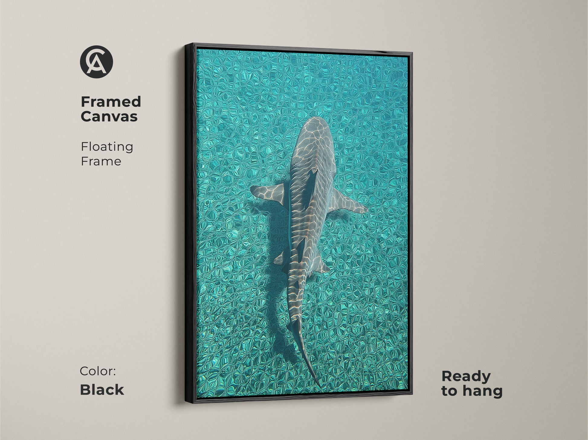 Framed canvas featuring a shark swimming in turquoise ocean waters ready to hang. The black floating frame enhances this teal blue artwork. Ideal coastal wall decor for marine biology art enthusiasts. Perfect scuba diver gift idea for nature lovers. This oceanic wildlife decor complements coastal and wildlife themes.