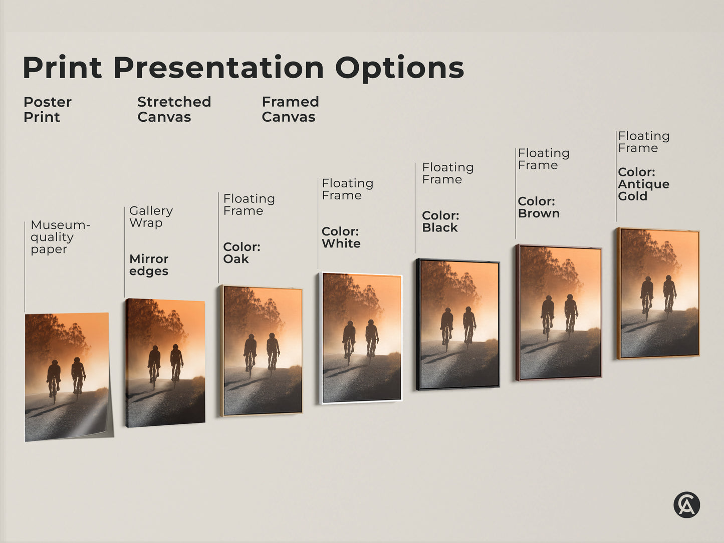 Print presentation options showcasing cycling couple art. Choose from poster print stretched canvas or framed canvas. Find the perfect style for your cycling couple wall art. Ideal for modern home decor. A unique housewarming gift for cyclists.