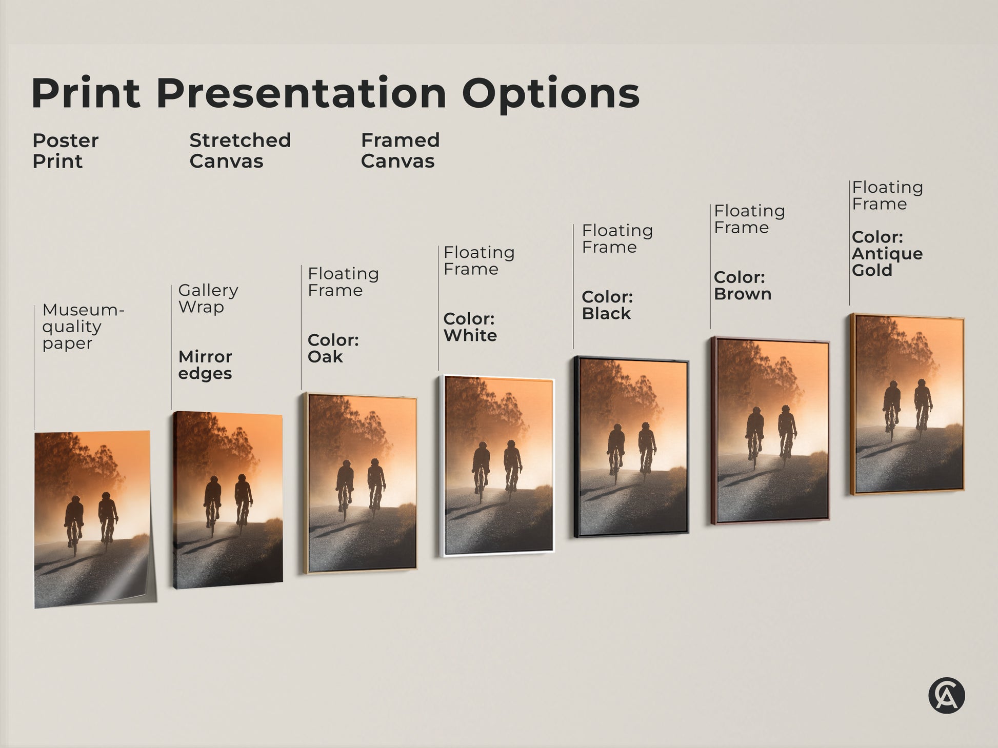 Print presentation options showcasing cycling couple art. Choose from poster print stretched canvas or framed canvas. Find the perfect style for your cycling couple wall art. Ideal for modern home decor. A unique housewarming gift for cyclists.