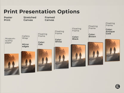 Print presentation options showcasing cycling couple art. Choose from poster print stretched canvas or framed canvas. Find the perfect style for your cycling couple wall art. Ideal for modern home decor. A unique housewarming gift for cyclists.