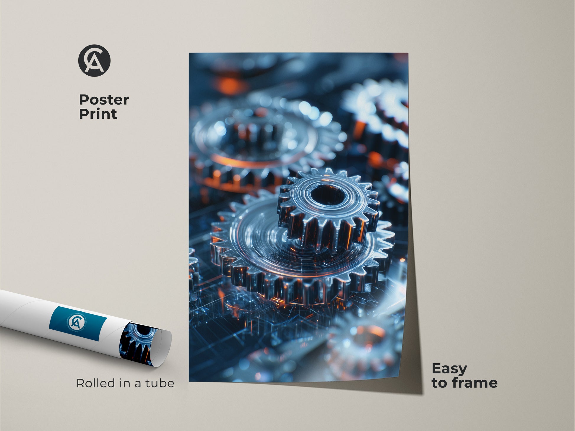 Decorate your space with this abstract tech print. It features industrial gears and machinery rolled in a tube. With its metallic silver and orange hues it adds a futuristic tech aesthetic. Frame it easily for a modern industrial decor.