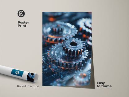 Decorate your space with this abstract tech print. It features industrial gears and machinery rolled in a tube. With its metallic silver and orange hues it adds a futuristic tech aesthetic. Frame it easily for a modern industrial decor.
