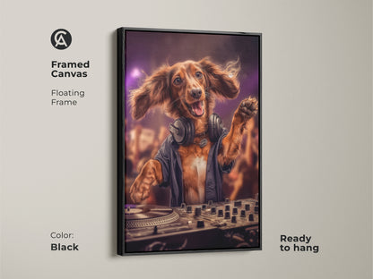 Dog DJ art displayed as framed canvas. The black floating frame adds a modern touch. The Dachshund wears headphones while DJing. It is ready to hang. This eclectic animal artwork is perfect for a music themed space. It will be a great gift for a dog owner.