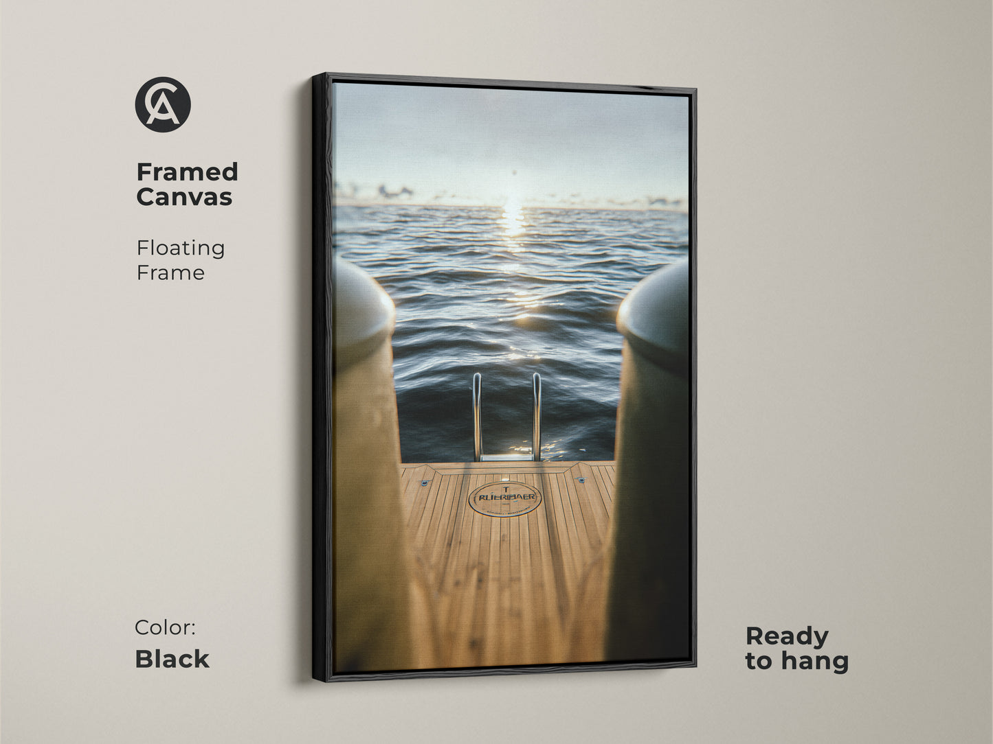 Enhance your space with this framed canvas art. Featuring a yacht ladder and serene ocean view. The black floating frame adds a touch of elegance. This nautical artwork is ready to hang. It makes a sophisticated statement.