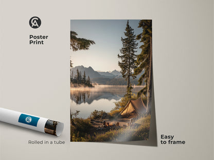 Poster print of a mountain lake camping scene rolled in a tube. This outdoor adventure wall art features a rustic tent canvas print. It's an easy to frame nature landscape decor. Ideal for those seeking cozy cabin art or a housewarming gift. The serene lake view print captures wilderness camping decor.