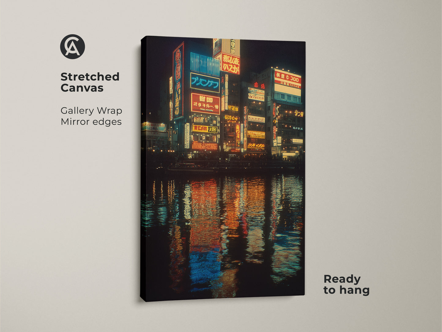 A stretched canvas shows Japanese neon cityscape art. The urban nightlife canvas print has gallery wrap mirror edges. It's ready to hang. The vivid blue yellow and orange colors create an electrifying scene.