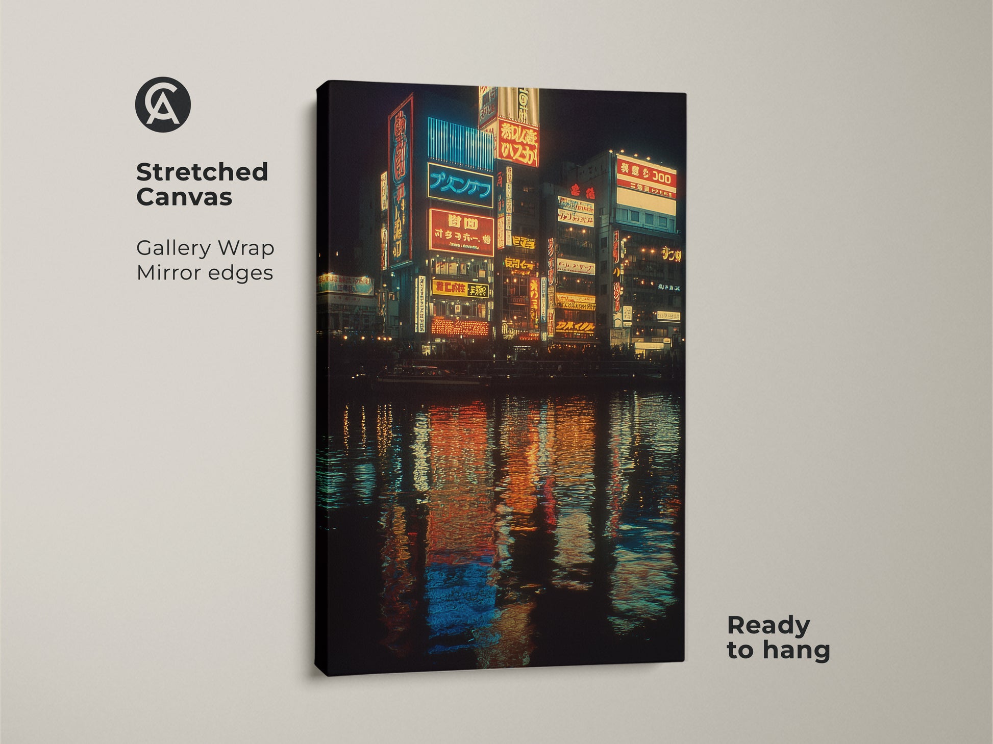 A stretched canvas shows Japanese neon cityscape art. The urban nightlife canvas print has gallery wrap mirror edges. It's ready to hang. The vivid blue yellow and orange colors create an electrifying scene.